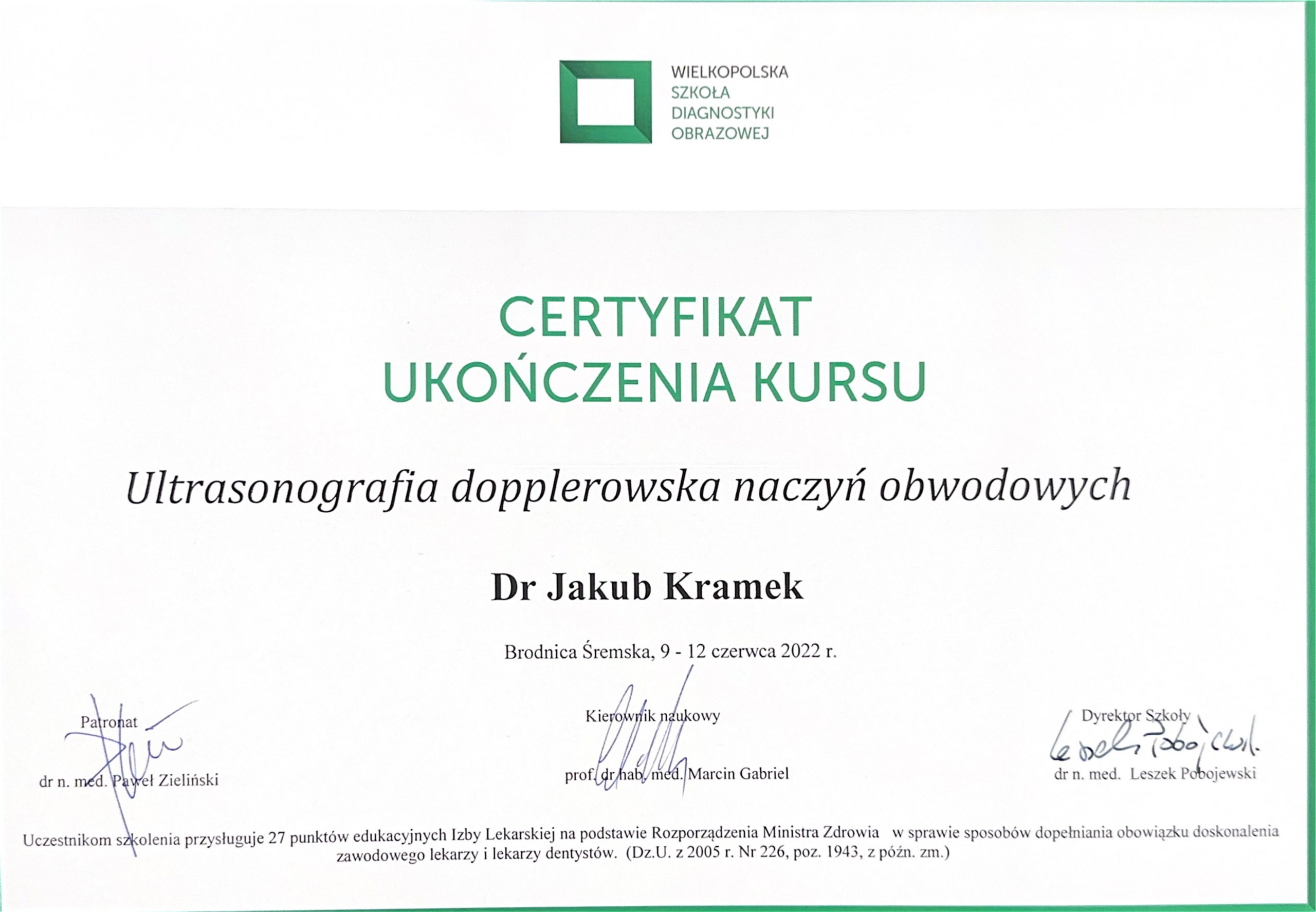 Certyfikat Ultrasonografii Dopplerowskiej naczyń obwodowych